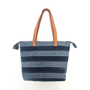 Upclycled Denim Striped Tote Bag Purse with Zipper Closure Leather Straps